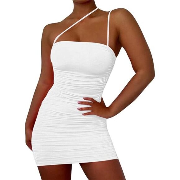 Sexy Sleeveless Ruched Spaghetti Strap Bodycon Mini Club Party Dress - Picture 2 of 7